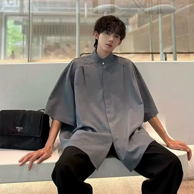 Экспорт внешней торговли Новый китайский ледяной шелк с короткими рукавами рубашка мужской Чжуншань рубашка свободная повседневная рубашка с половиной рукава на складе
