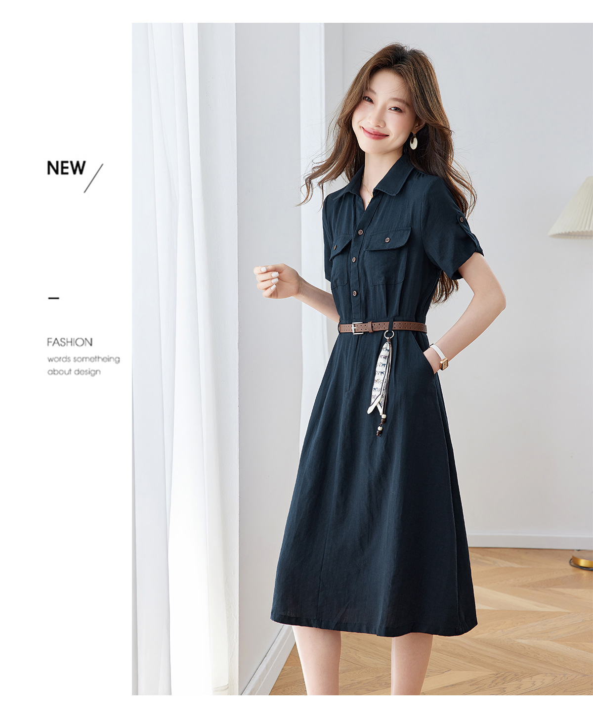 Đầm maxi nữ cổ bẻ thắt eo dáng suông kèm dây lưng — Xanh lông mòng đen, màu trắng chi tiết 13