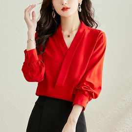 女士衬衫衬衣秋洋气雪纺红色v领上衣外穿2320长袖气质显瘦衫新款