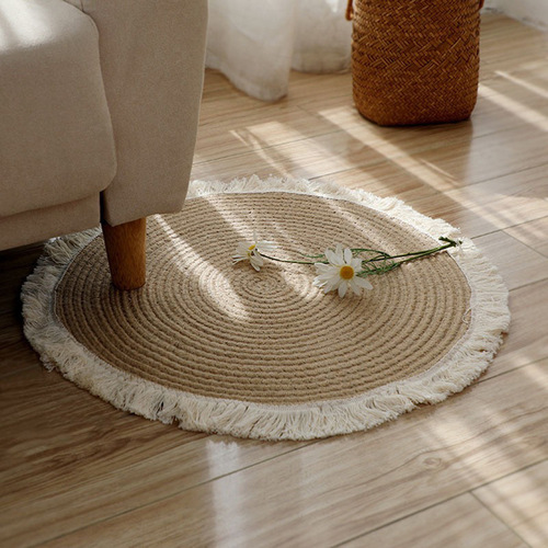 Nordic cotton and linen woven tassel floor mat rope braided floor-to-ceiling window carpet B&B decoration study room tea seat tea table mat round