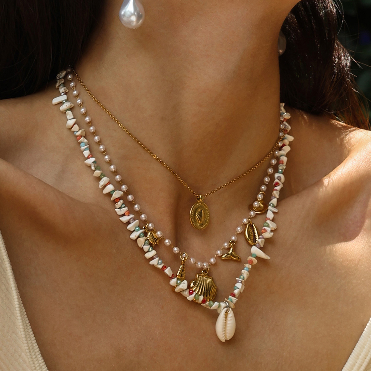 Collar de acero inoxidable TENA Europa y América, moda femenina, collar de colgante de concha natural, ligero, lujoso, popular, venta caliente transfronteriza