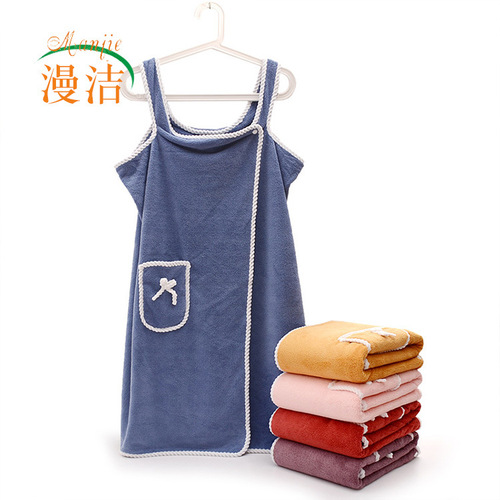 Coral velvet bow pocket strap bath robe super soft absorbent can be worn as a large bath towel for home use shower wrap wholesale