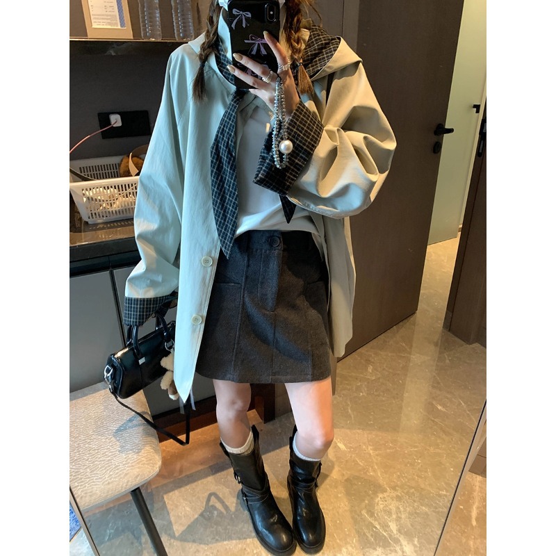 Mochi Detachable Hood Design, Color-Blocked Plaid Stand Collar Loose Trench Coat for Petite Sizes Mq0787