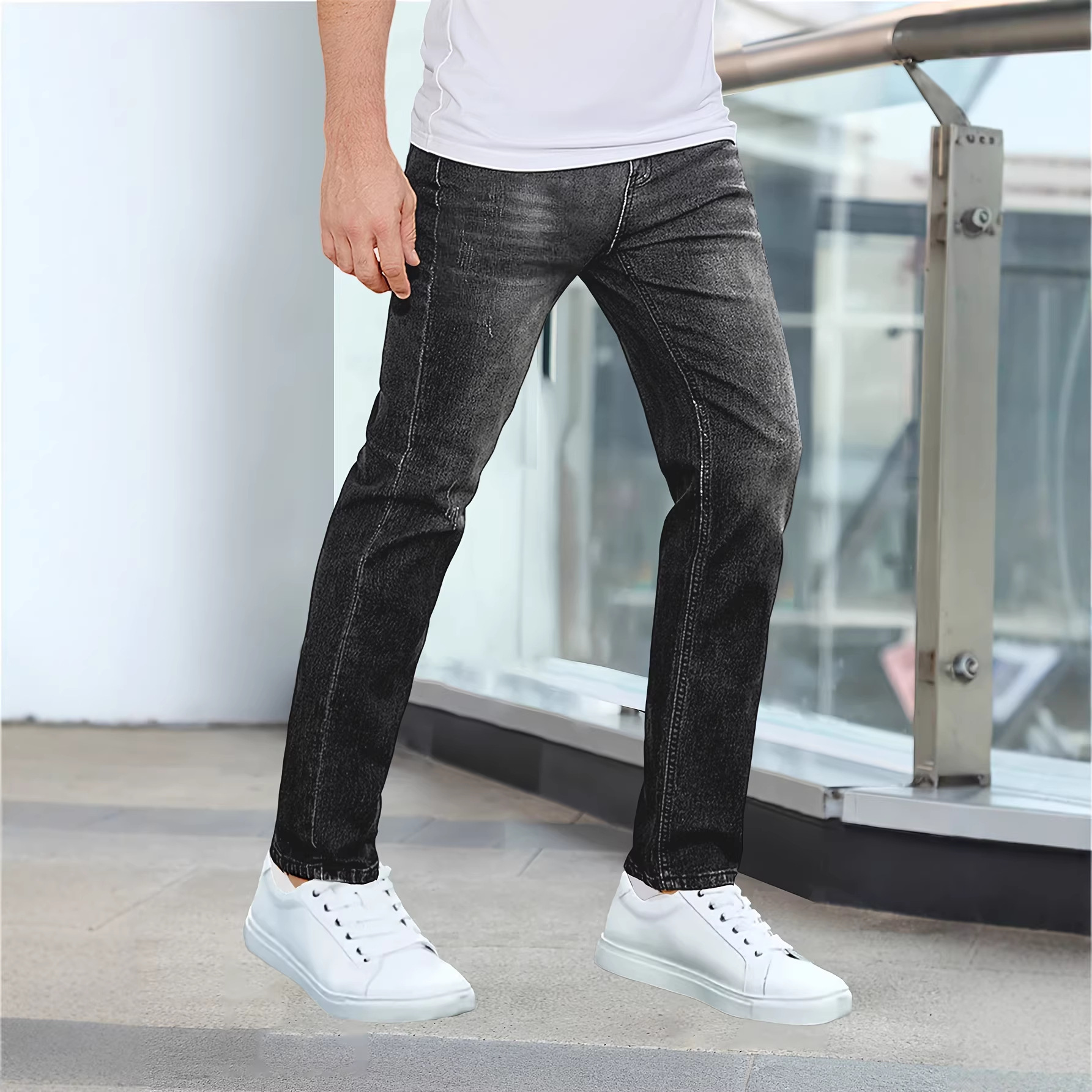 Men's Slim Fit Stretch Denim Jeans Black Midweight Skinny Pants All Seasons Simple Design Mid Waist Cropped Length_voghion.com