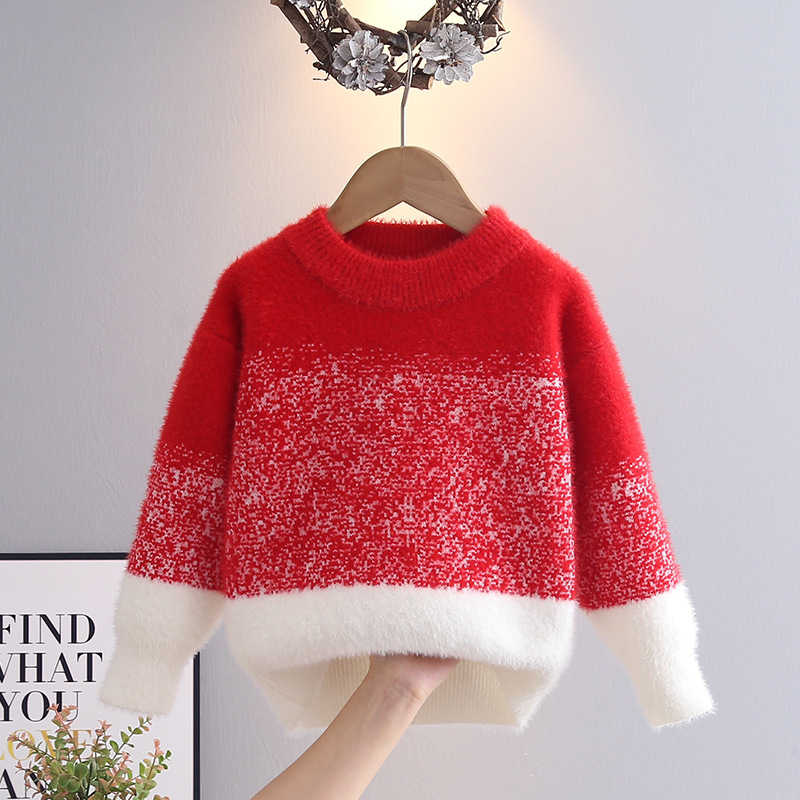 Girls' Autumn and Winter Sweater Children's 2024 New Thickened Mink Velvet Western Style Baby Girl's Gradient Knitted Base Shirt