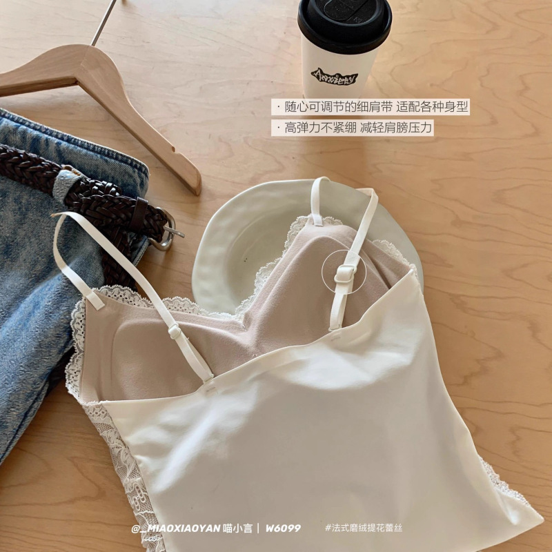 秋冬新款W6099#法式磨绒提花蕾丝吊带暖糯舒适时尚百搭V领背心女|undefined