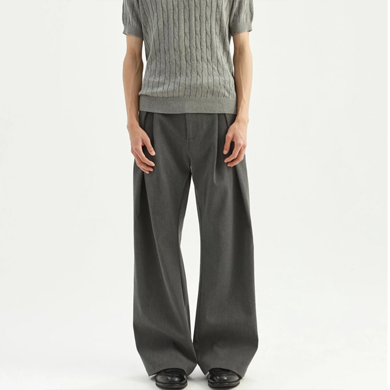 Men's Pleated A-Line Wide-Leg Dress Pants for Spring and Autumn, American Style, Cool and Stylish, Cleanfit Casual Trousers