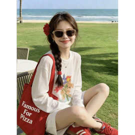 莱赛尔天丝罩衫女微透薄款花朵白色慵懒风长袖T恤夏季空调衫上衣