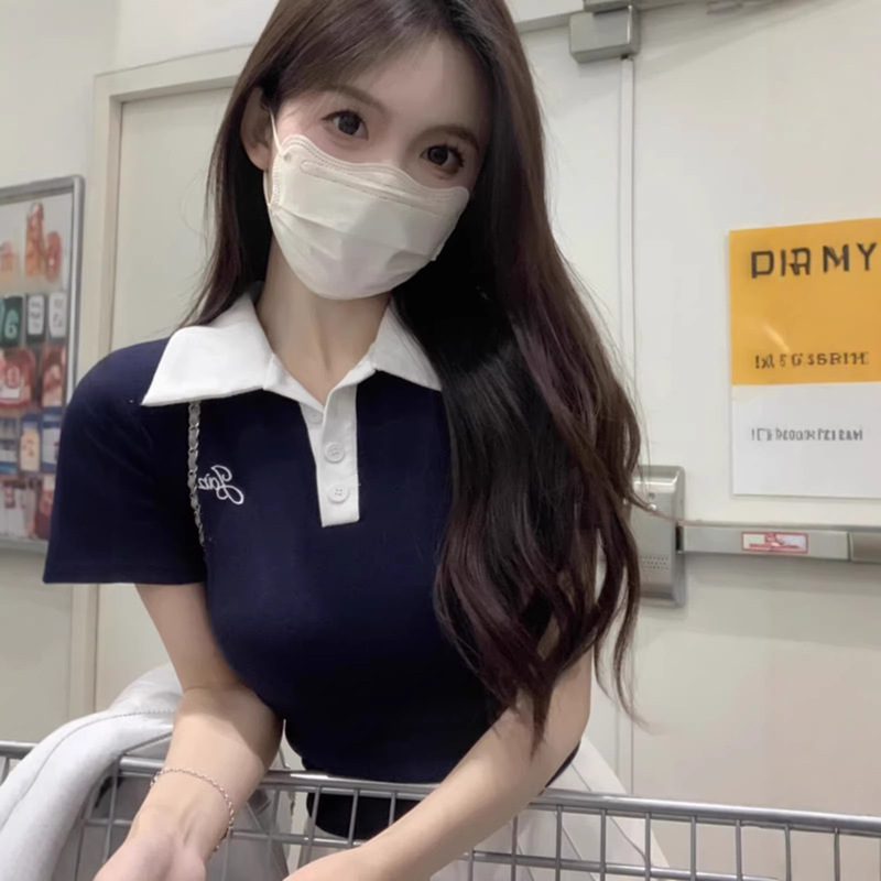2026 Summer New Style Contrasting Color Polo Collar Short-Sleeved T-Shirt Women's Slim Fit Color-Blocked Casual Top