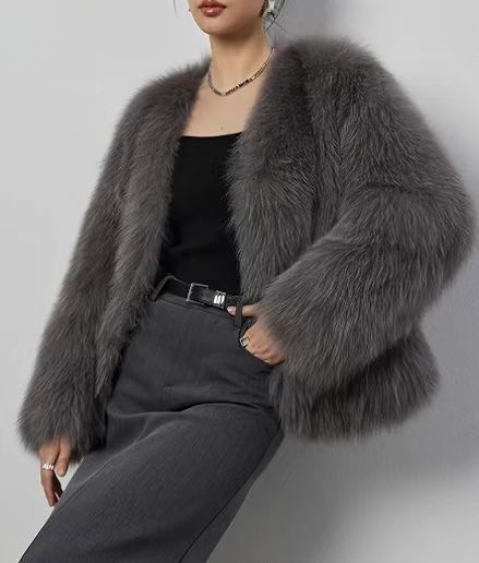 欧美皮草V字领人造皮草外套短款时尚狐狸毛皮草外套蓬松毛绒女装|undefined
