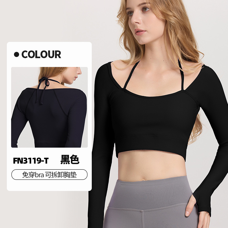 Otoño y invierno nuevo cuello de collar vestido de pecho de manga larga mujer hilo ombligo corto apertado alto elástico chaqueta de fitness