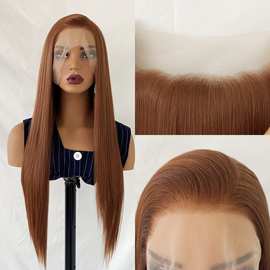 欧美外贸新款时尚蜜棕色前蕾丝化纤假发橘棕色长直发头套