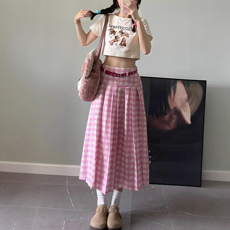 大码胖mm设计感工装粉色格子百褶半身裙女梨型身材遮胯显瘦中长裙|undefined