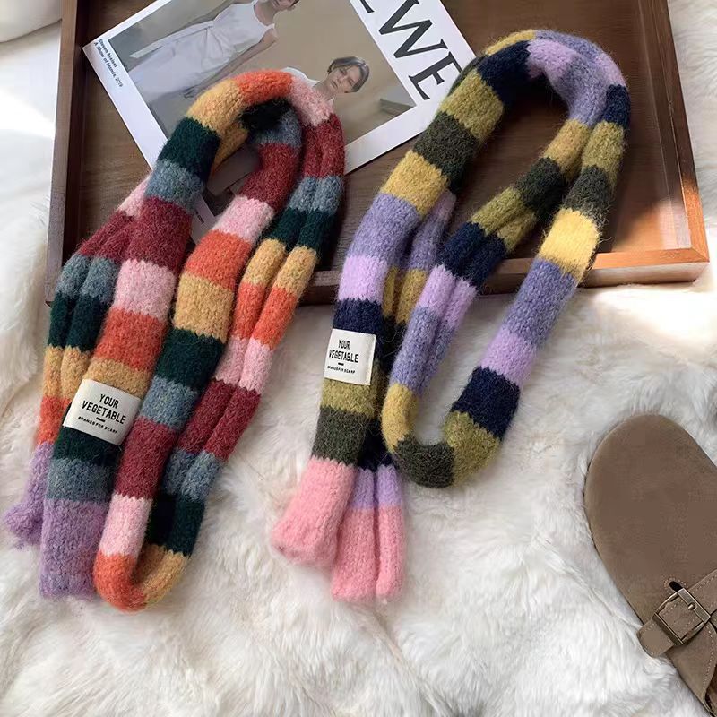 Dopamine Color-Blocked Striped Autumn and Winter Long Scarf for Women Korean Y2K Sweet Cool Spicy Girl Style Alpaca Wool Neck Scarf