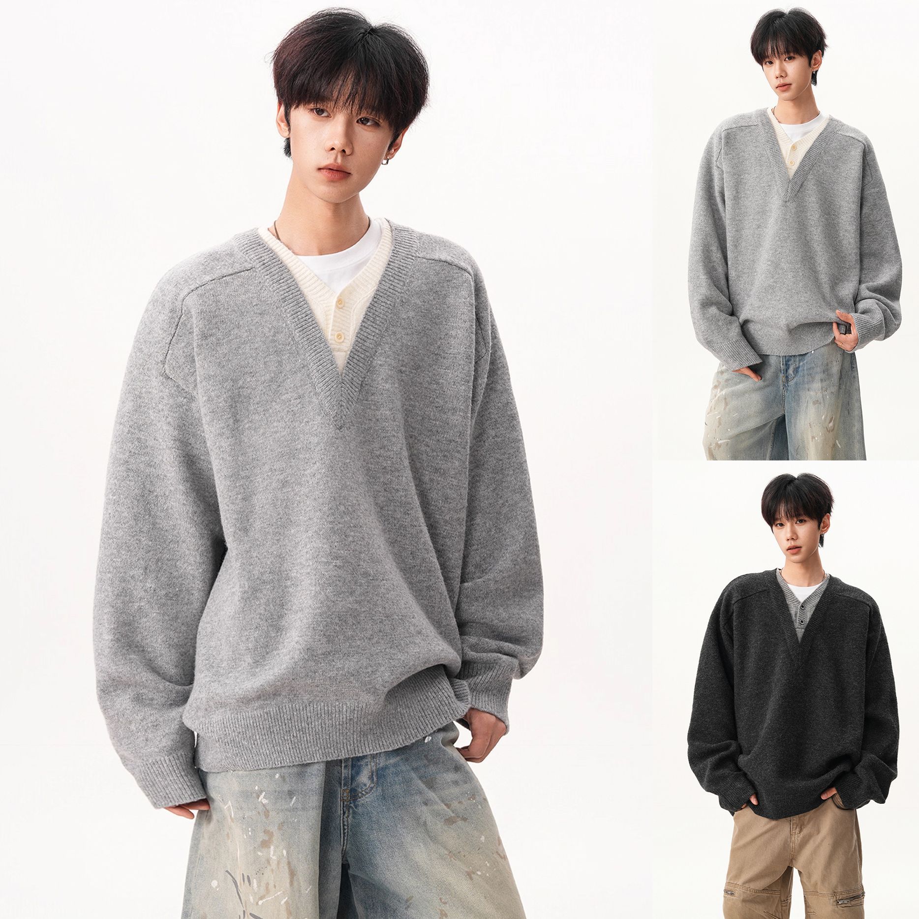 假两件V领针织衫毛衣男撞色穿搭学院风秋冬外穿线衣外贸跨境批发