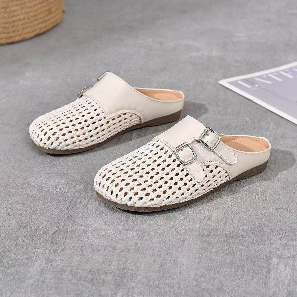 Dép sandal nữ da thật mũi tròn đan dệt phẳng gót mềm chống trượt — màu be chi tiết 8