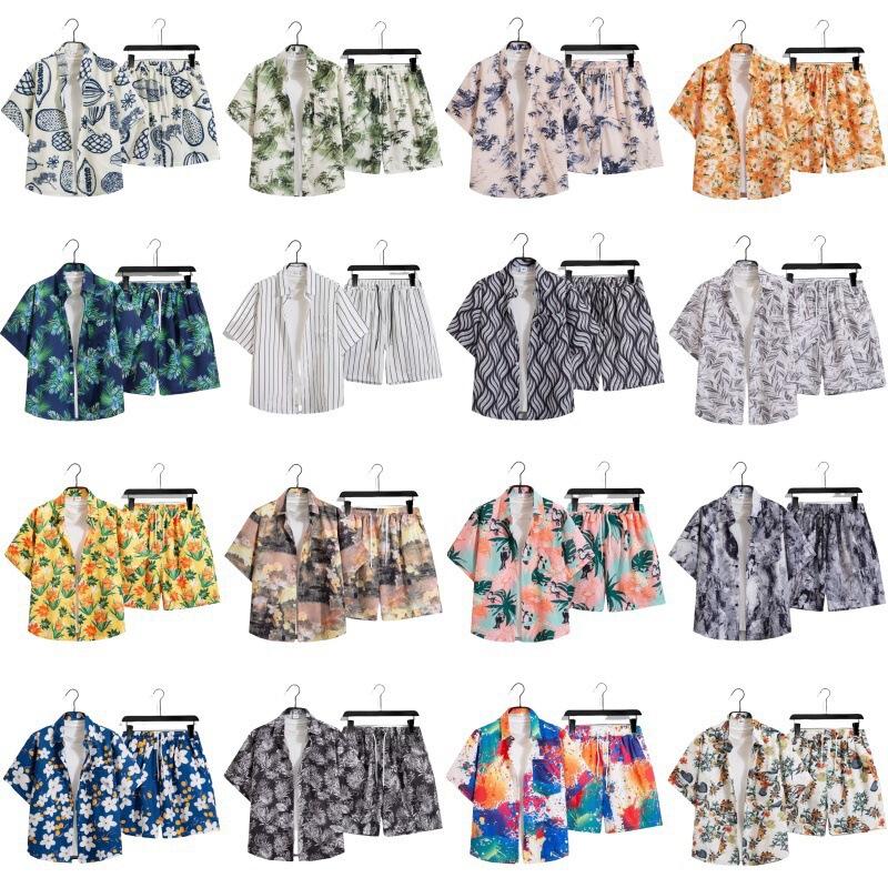 Hawaiian Short-Sleeved Suit Beach Pants Floral Shirt Set for Men and Women, Same Style Couple 4XL Size Summer Ice Silk Thin Style