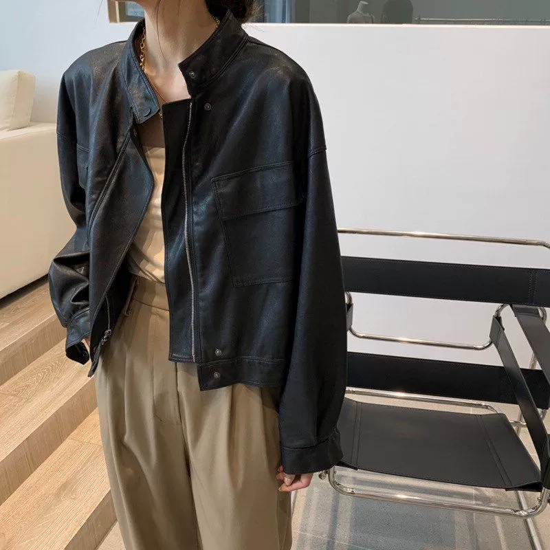 Винтажная кожаная куртка 2024 года, весна-осень, укороченная куртка-косуха для миниатюрных женщин, оптовая продажа для внешней торговли, уникальный уличный стиль