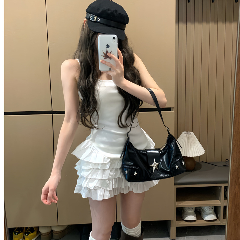 Hot Girl Suspender Dress for Women, Summer 2026 New Style, Slim Fit, Waist-Cinching, Petite Knitted Short Dress, Puffy Cake Skirt