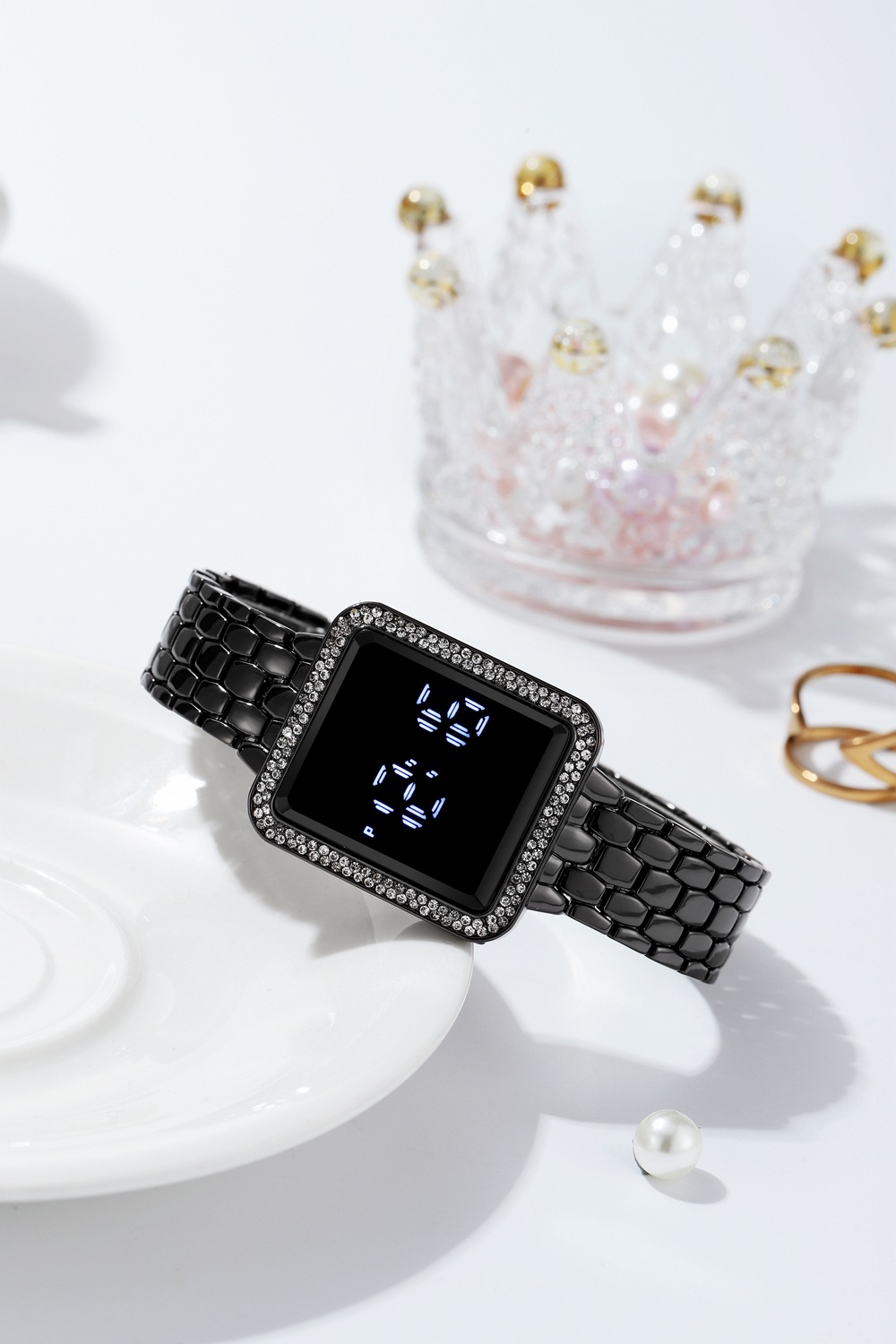 Neues trendiges LED-Display mit Touchscreen, vielseitige elektronische Damenuhr, luxuriöse Diamanteinlage, Ihre Uhr_voghion.com