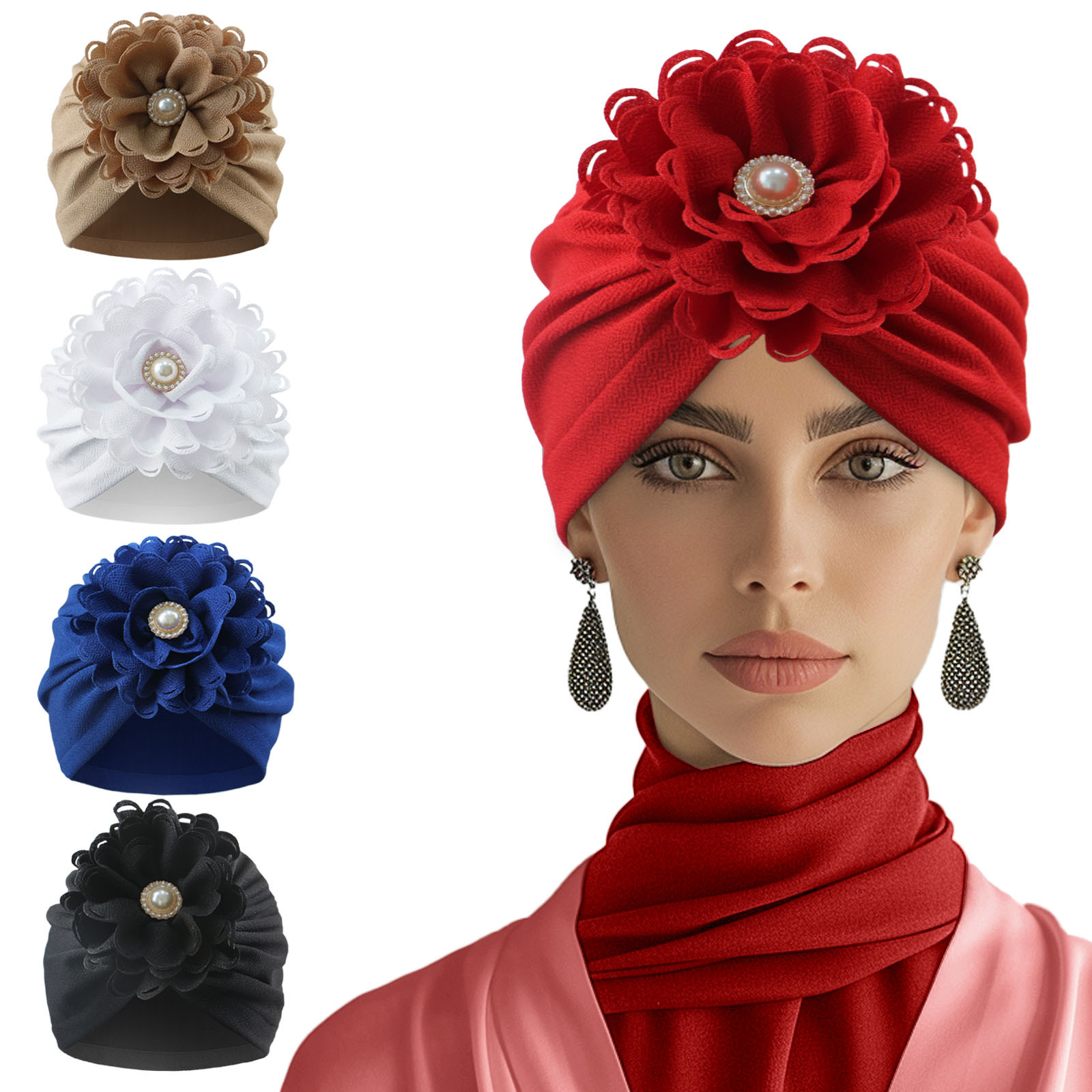 패션 Boho Bandana 모자 진주 꽃 장식 터번 모자 탄성 여성 모자