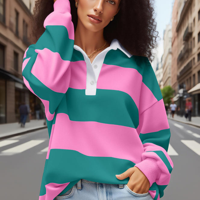 Women's Fashion Striped Sweatshirt with Color-Blocking, Drop Shoulder, Loose Long-Sleeve Top