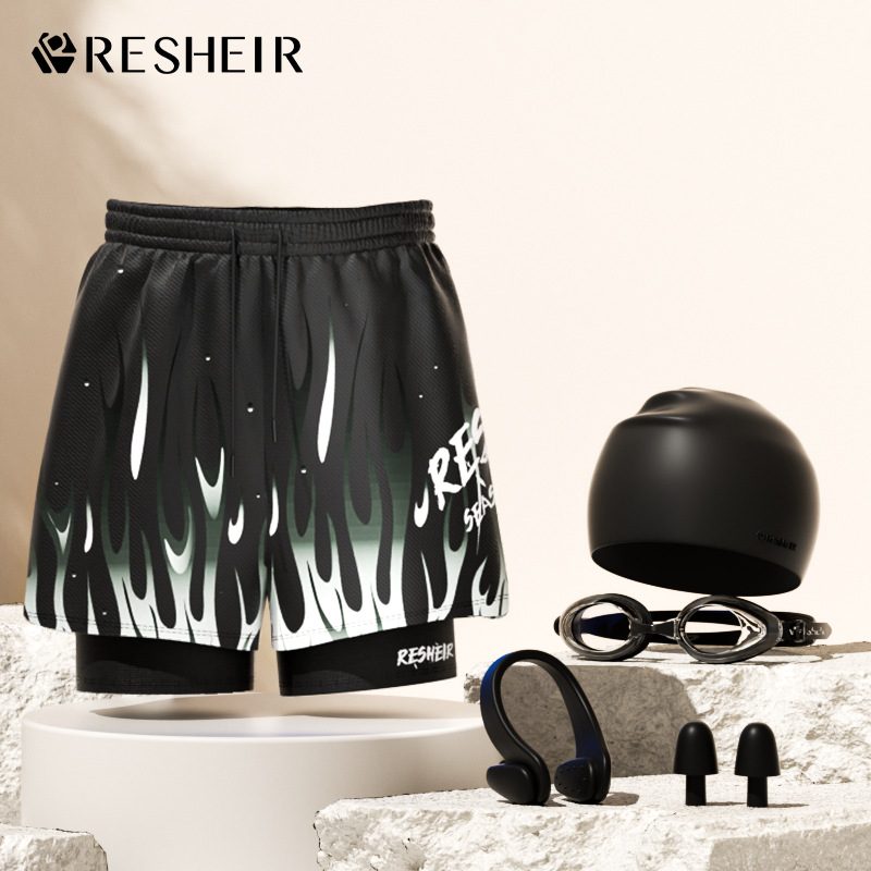 나이트 플레임 수영 트렁크 + 수영 모자 + 수영 고글 + 코 클립 귀마개 5종 세트