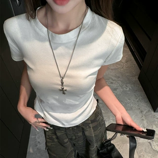 美式复古高级褶皱收腰设计感正肩短袖t恤女韩系圆领显瘦上衣夏季