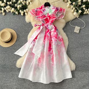 宮廷風法式禮服女歐美時尚V領荷葉袖收腰顯瘦印花大擺蓬蓬連衣裙