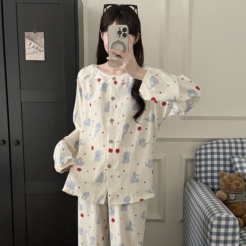 Pijamas al por mayor transfronterizos de primavera y otoño de manga larga nubes de algodón cuello redondo cordigan dulce se puede usar con ropa de casa