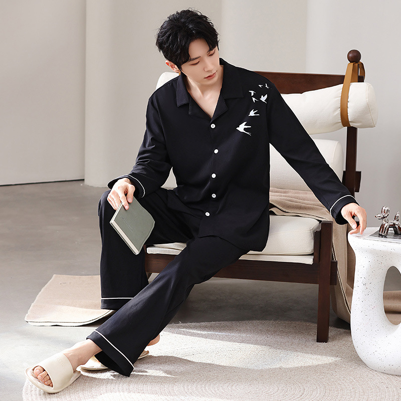 Pajamas for Men Spring & Fall Pure Cotton Long-Sleeved Men's Plus Size Chinese Style Bamboo Black Wearable Home Wear Set
