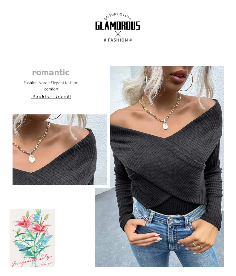 Pullover maglione con spalle scoperte, vestibilità slim, scollo a V, tinta unita_voghion.com