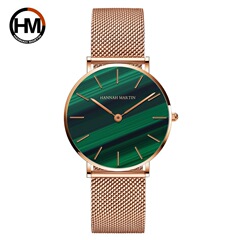 Hannah Martin Japanese-Movement Quartz Watch for Women, Rose Gold with Green Malachite Dial