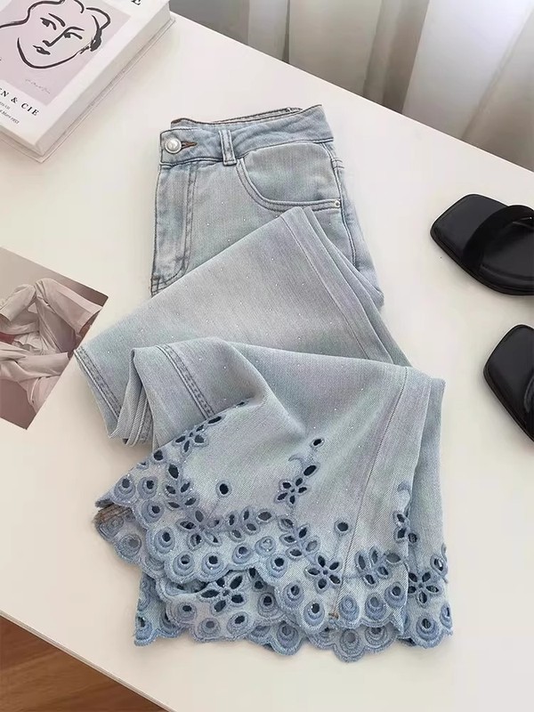 中空デザイン刺繍レース9点ジーンズレディース夏薄手大きいサイズファットmmハイウエストワイドレッグパンツ|undefined