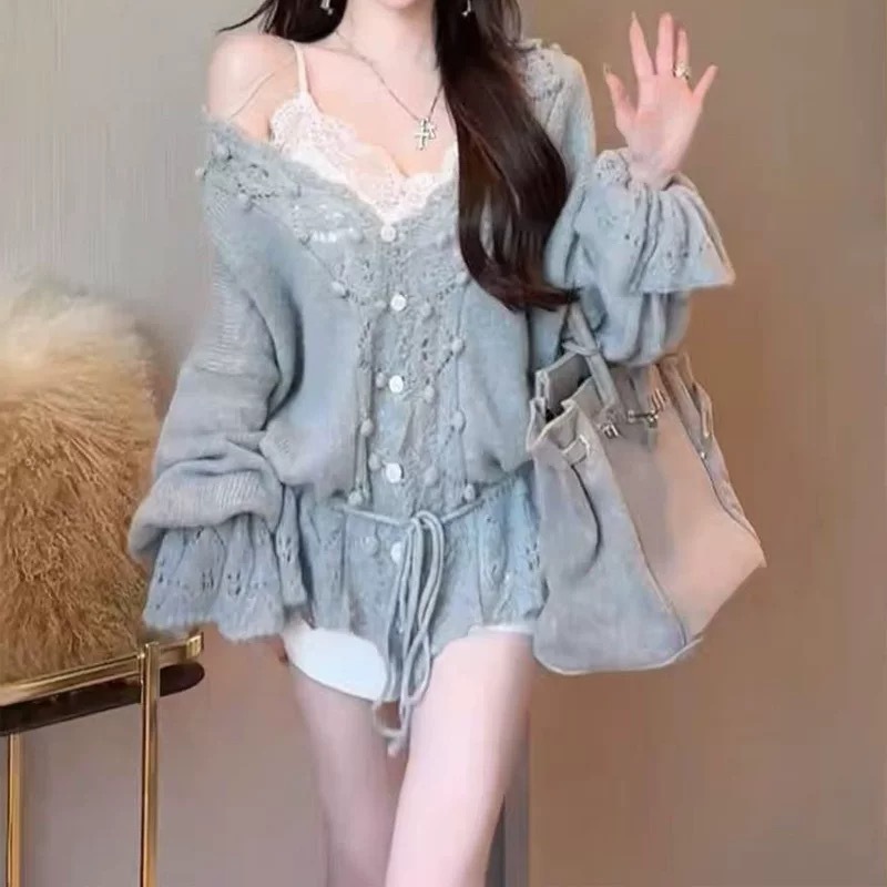 直播现货钩花镂空毛球v领长袖针织衫女早秋季设计感抽绳毛衣上衣|undefined