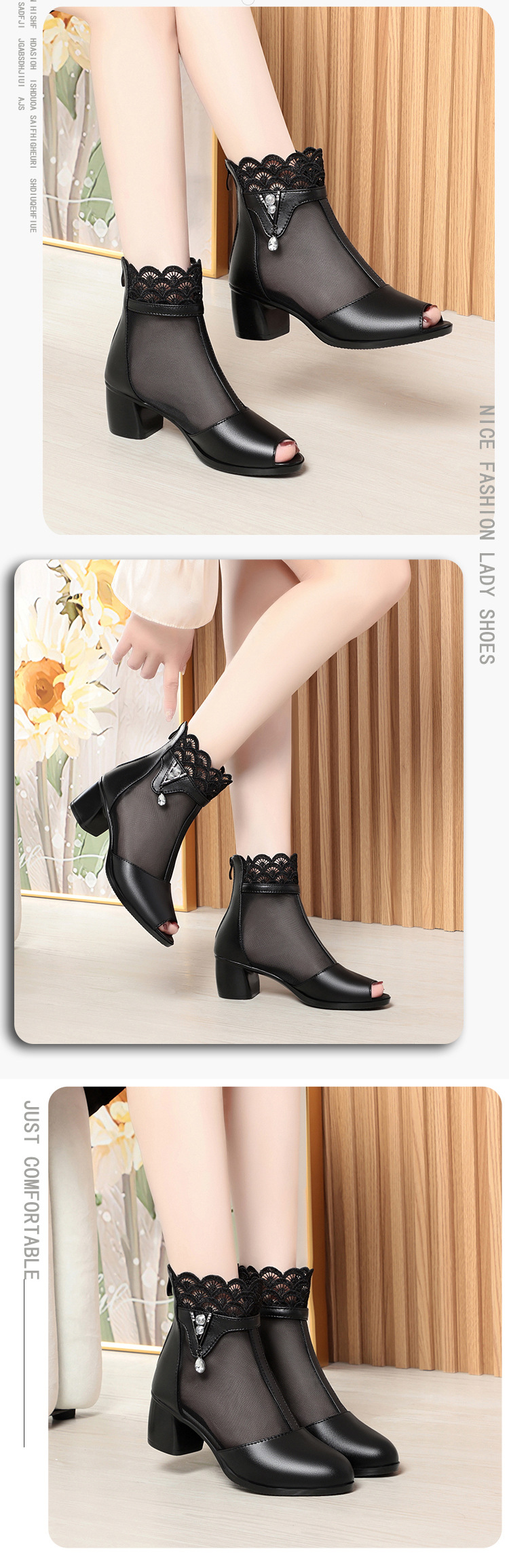 Giày sandal cao gót nữ hở mũi da thật lưới thoáng gót thô — Đen/kiểu hở mũi chi tiết 3