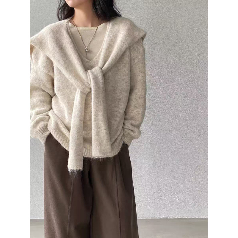 Layered V-Neck Shawl Casual Knit Sweater Top for Women 2026 Autumn and Winter New Style Loose Soft and Stylish Design Sweater for Women