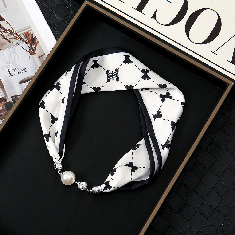 Pañuelo de seda con hebilla magnética de diamantes con incrustaciones de perlas collar mujer retro todo fósforo moda bufanda fina hebilla autocebante babero al por mayor