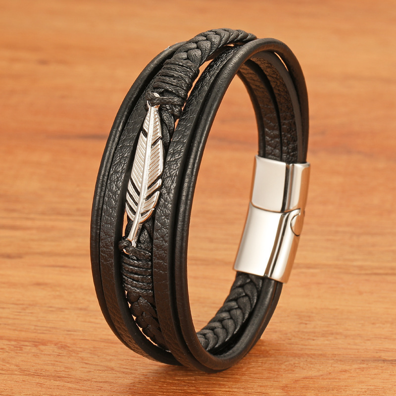Feather multi-layer leather bracelet men's bracelet leather rope woven jewelry stainless steel bracelet genuine leather magnet buckle
