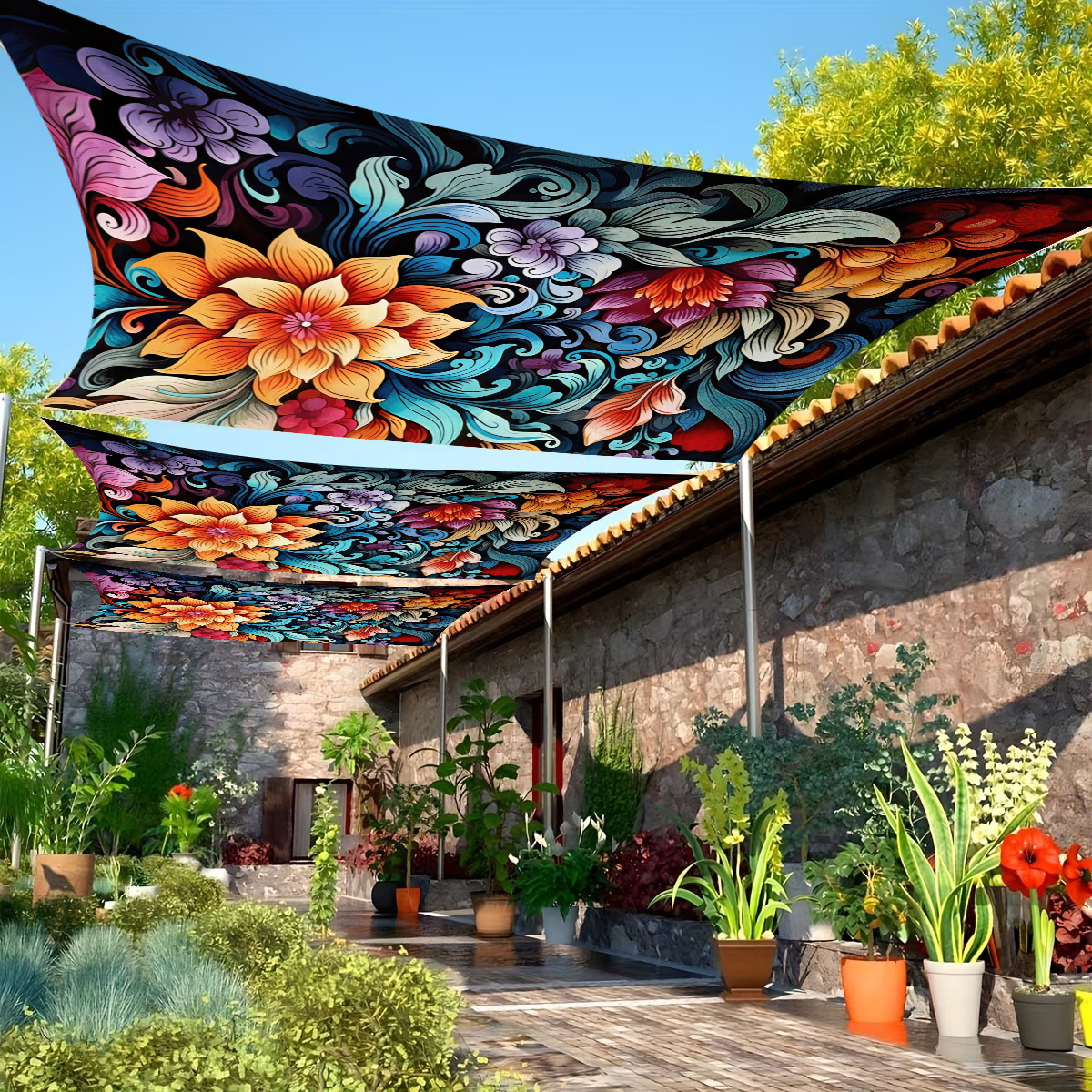 Cross-border outdoor sunshade fabric for courtyard terrace ceiling, waterproof and sun-proof canopy hanging cloth, printed decorative fabric for ambiance decoration