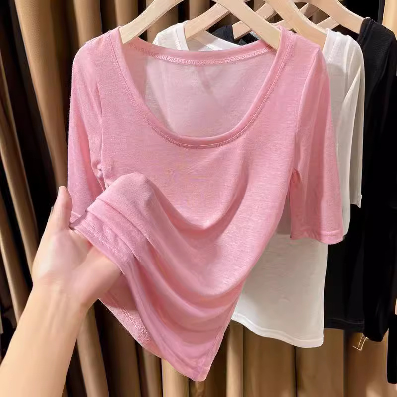 U-Neck Tencel Thin Mid-Sleeve Top 2026 New Low-Cut Five-Quarter Sleeve Regular Shoulder T-Shirt for Women, Ultra-Thin Short-Sleeve Knit Top for Women U-Neck Tencel Thin Mid-Sleeve Top 2026 New Low-Cut Five-Quarter Sleeve Regular Shoulder T-Shirt for Women, Ultra-Thin Short-Sleeve Knit Top for Women