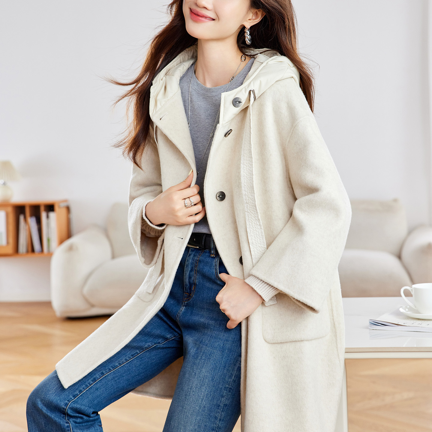 Woolen Outwear Mid-Length 2026 Spring New Style Hooded High-End Top Women's Double-Sided Woolen Outwear