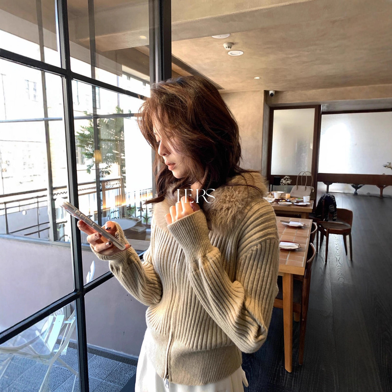 Hers One Scoop Sweet Autumn/Winter Korean Style Simple Versatile Slimming Elegant Fur Collar Zipper Warm Sweater for Women 92792