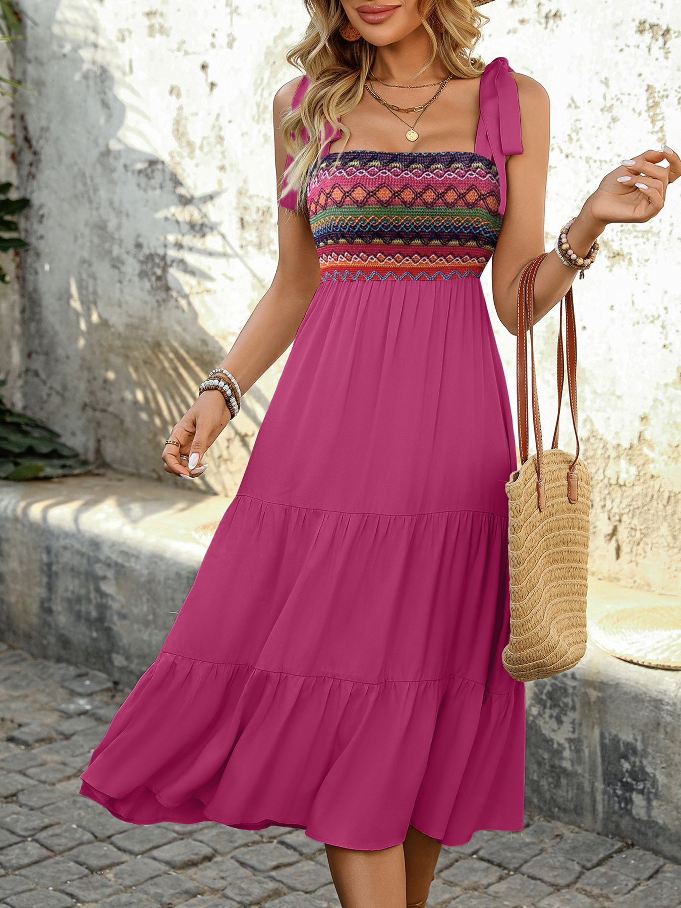 Ethnisches Patchwork Trägerrock Set Für Damen Im Sommer Look_voghion.com