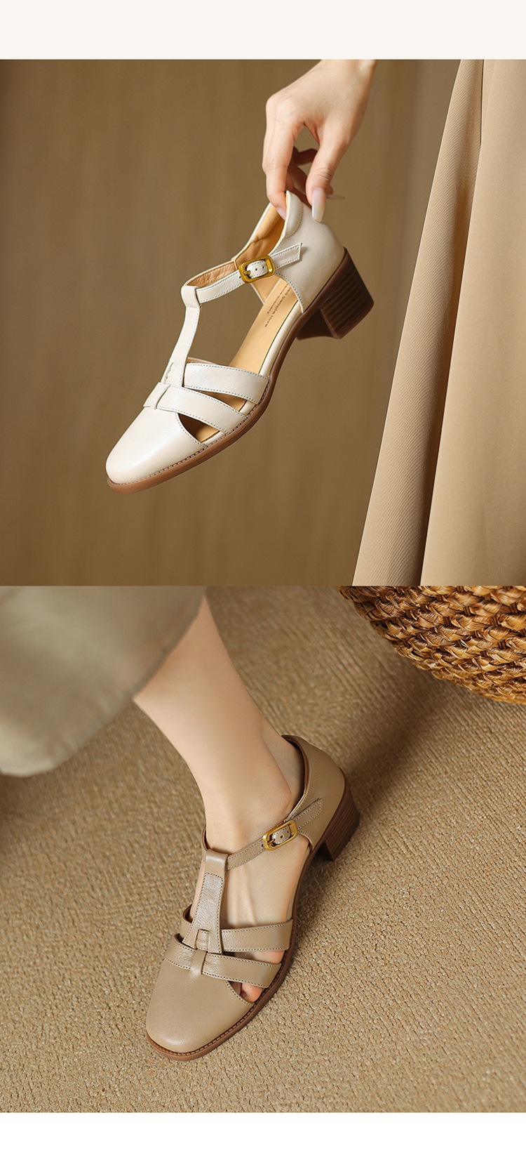 Sandal nữ quai chữ T da cừu rỗng gót xuồng 5 cm — Màu be chi tiết 11