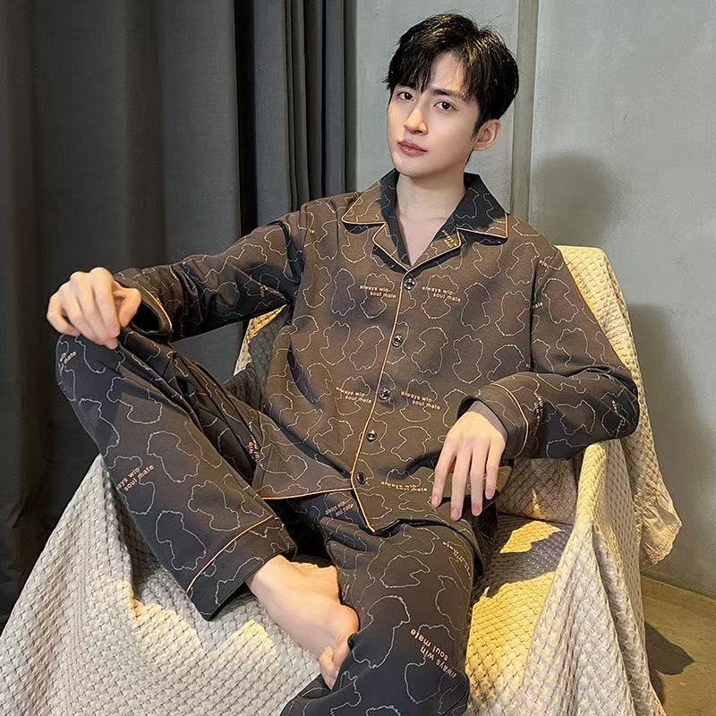 2025 pijama de primavera hombre juvenil de mediana edad, set de algodón de manga larga cardigan de manga larga ropa casera mayorista