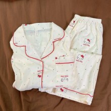 红边凯蒂猫少女睡衣春秋季开衫翻领双长套装学生宿舍可外穿家居服