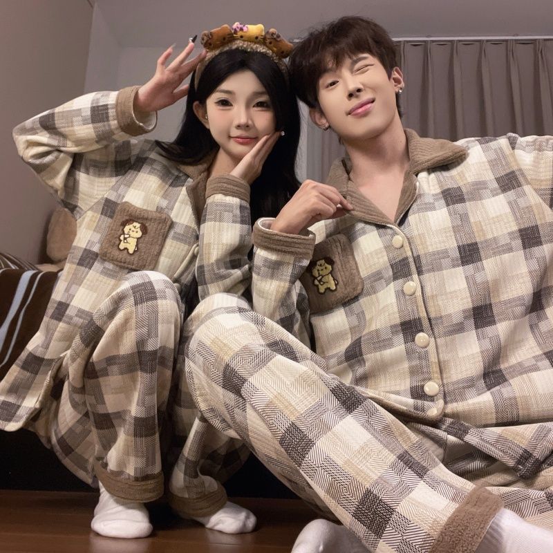 Couple Pajama Set, Women's Winter Air Cotton Cute Pudding Dog Air Layer Men's Quilted Warm Home Wear Set