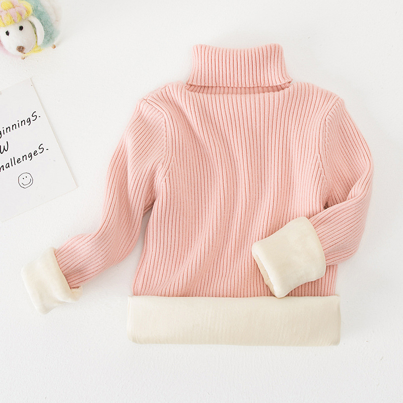 Suéter de cuello alto estilo coreano para niños y niñas, otoño/invierno 2025, capa base de punto, ropa infantil coreana con forro polar.