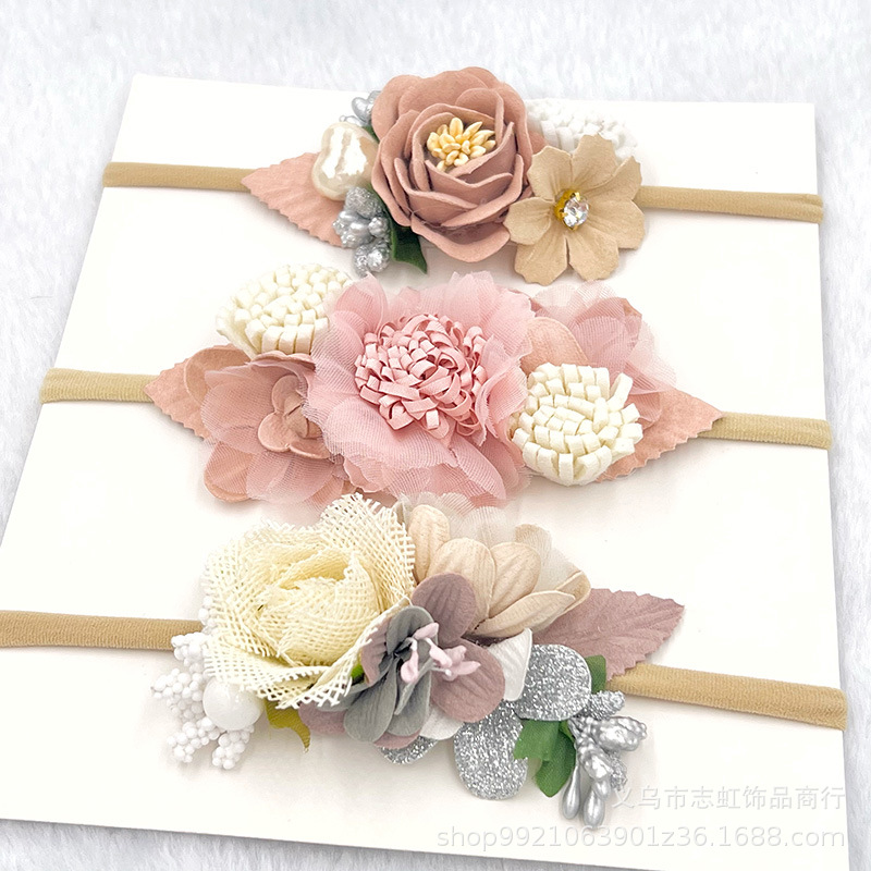 Tocado de flores de banda de pelo de tela europea y americana accesorios para el cabello de costura para niños combinación de traje de seda de rábano Rosa Flor de tocado dulce